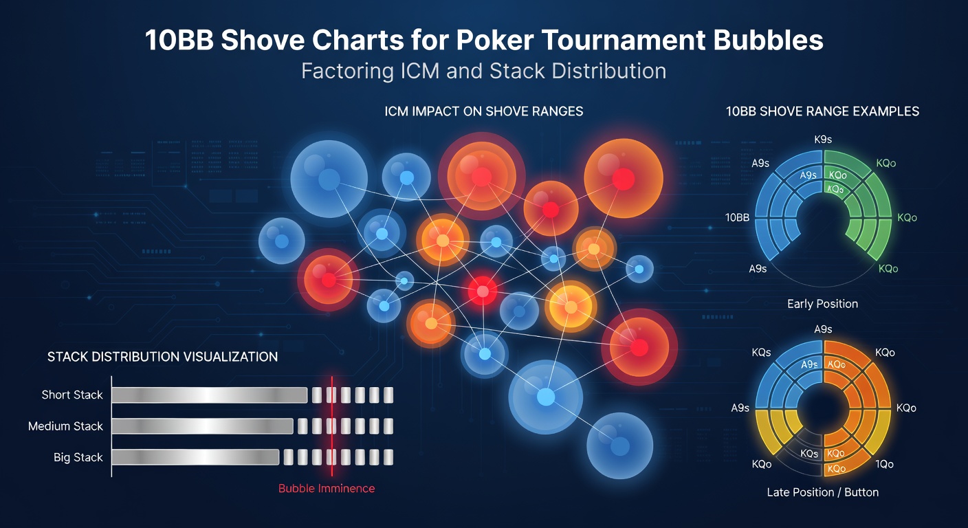 Detailed ICM-adjusted shove chart for 10BB stacks on a bubble with varied table stack distribution, highlighting position-based ranges