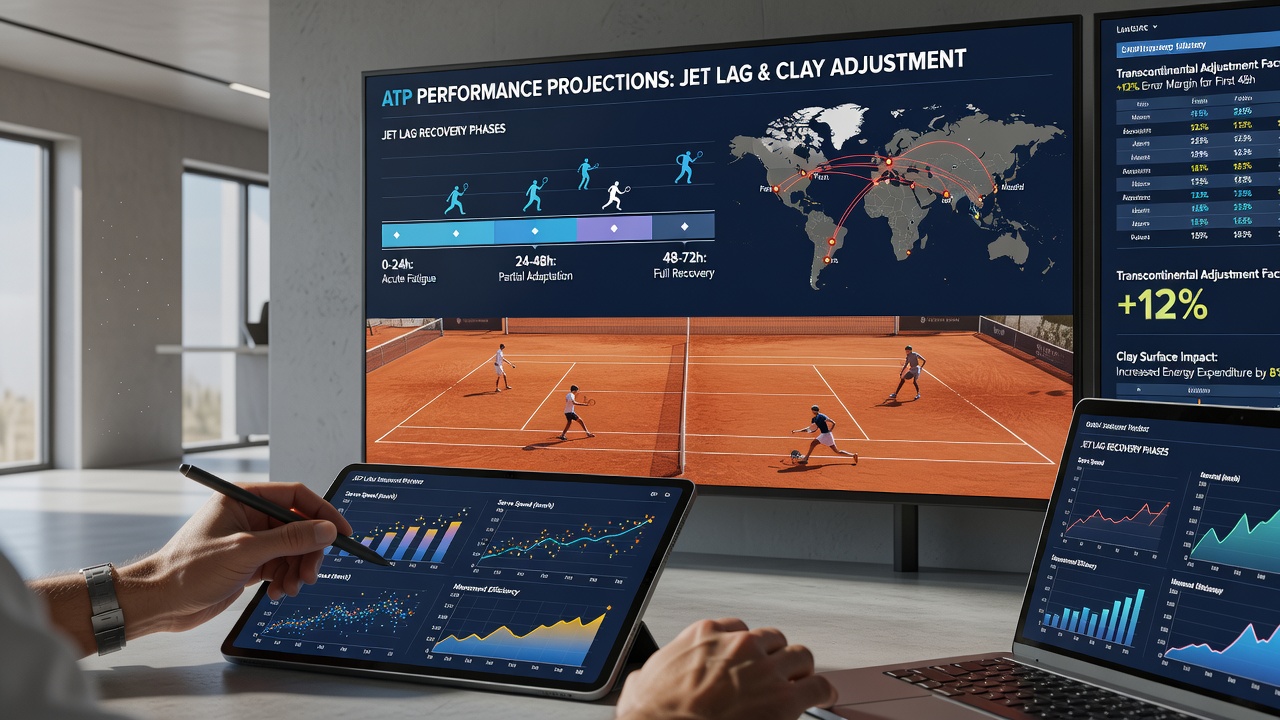 Data visualization of jet lag recovery timelines for tennis players on clay courts across continents