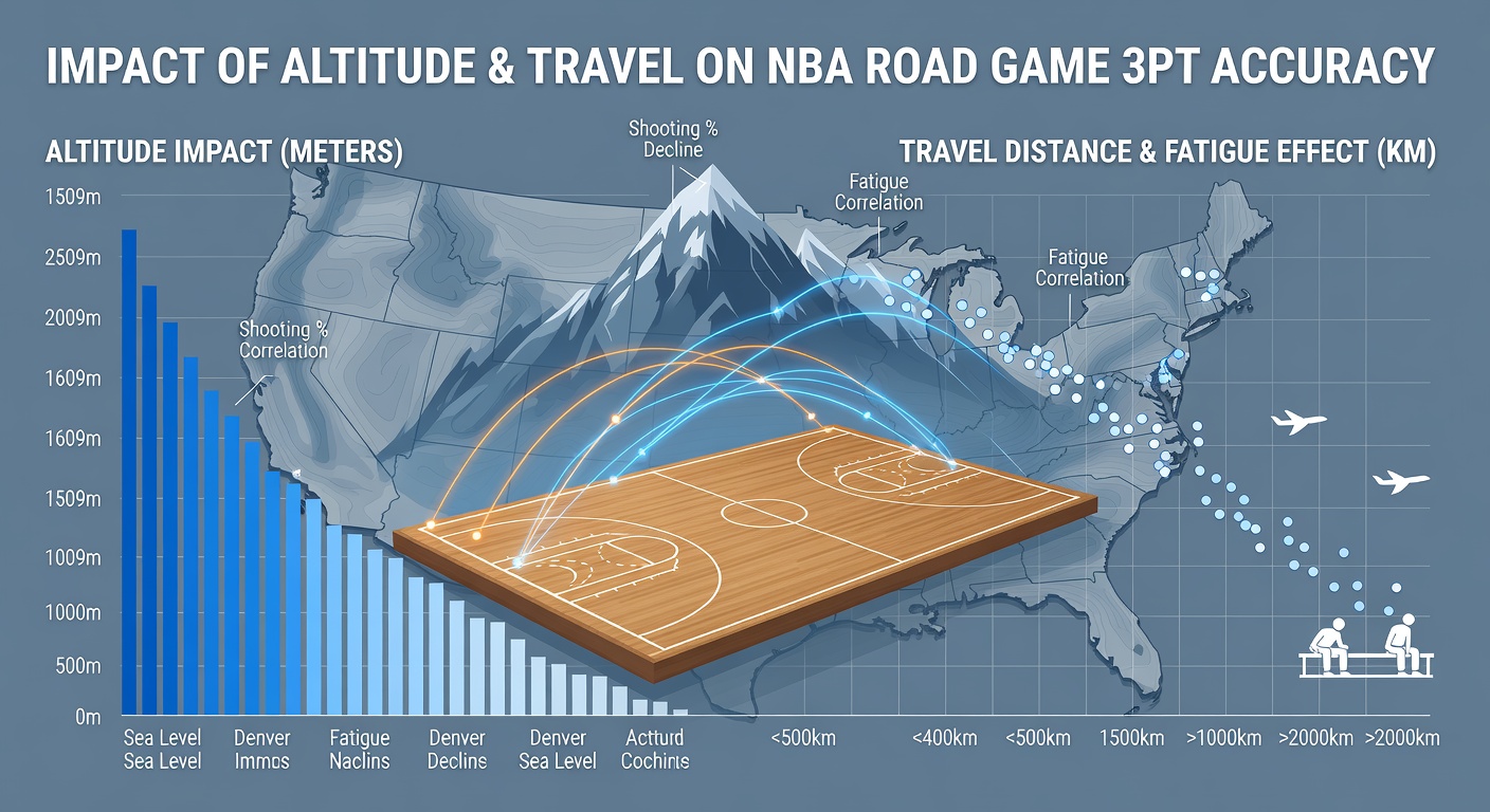 Data visualization charts showing three-point percentage trends across NBA mountain venues and travel routes