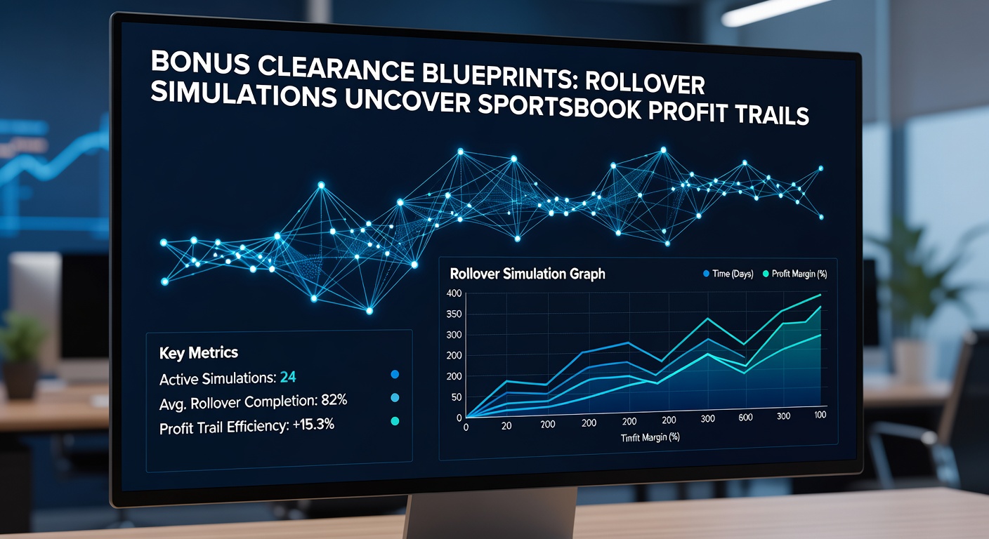 Detailed simulation dashboard displaying profit trails from bonus rollovers, with heat maps for different sports and rollover multiples