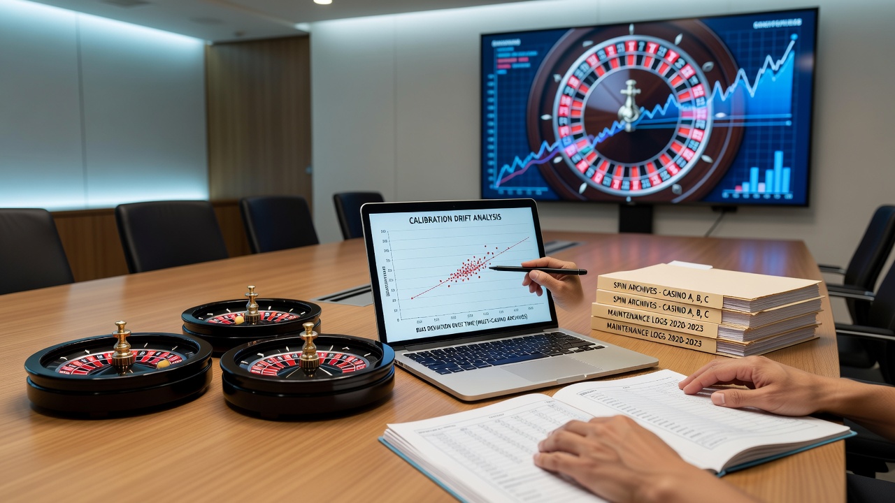 Technician reviewing spin archive reports alongside wheel maintenance schedule on a casino floor