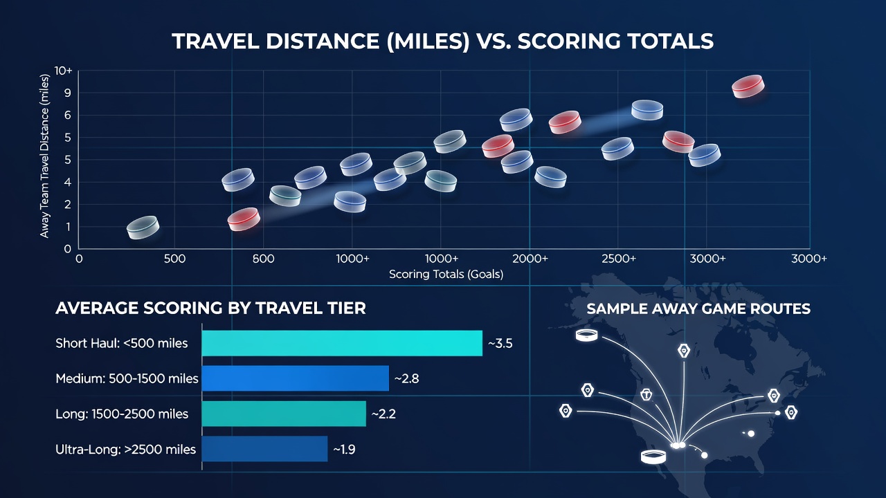 Hockey team analyzing travel data and game statistics on a digital display