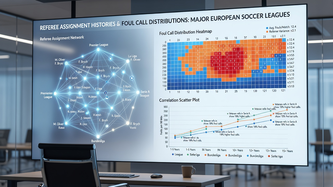 Heatmap visualization of foul call frequencies by referee and venue across major European leagues