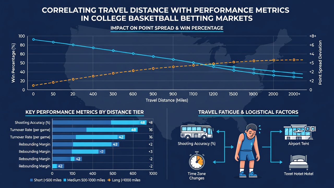 Betting market dashboard displaying travel-adjusted lines for college basketball games with distance and performance correlation charts