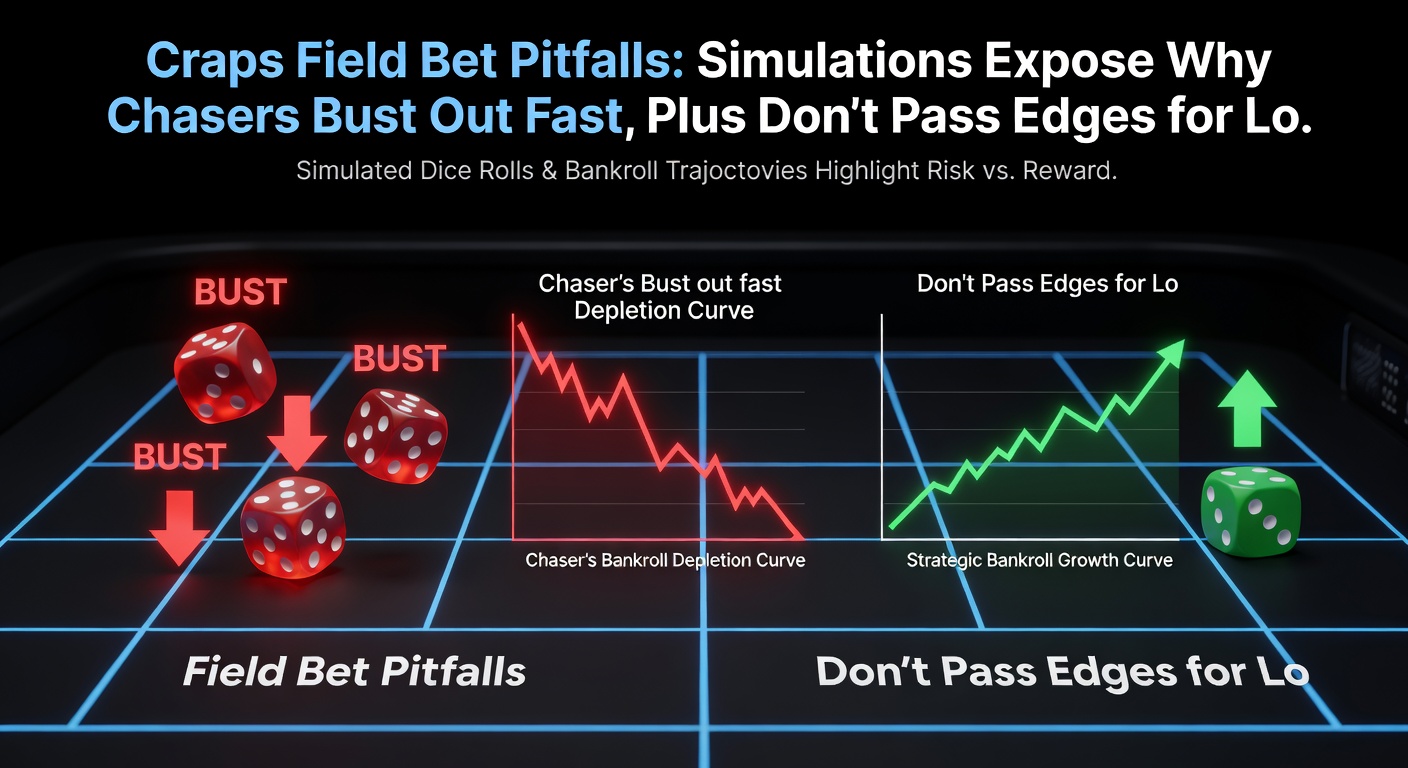 Close-up simulation graphs comparing field bet ruin curves against Don't Pass lines, with steep declines for field chasers overlaid on a digital craps interface