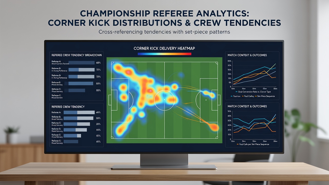 Data visualization of corner kick counts mapped against referee crew statistics