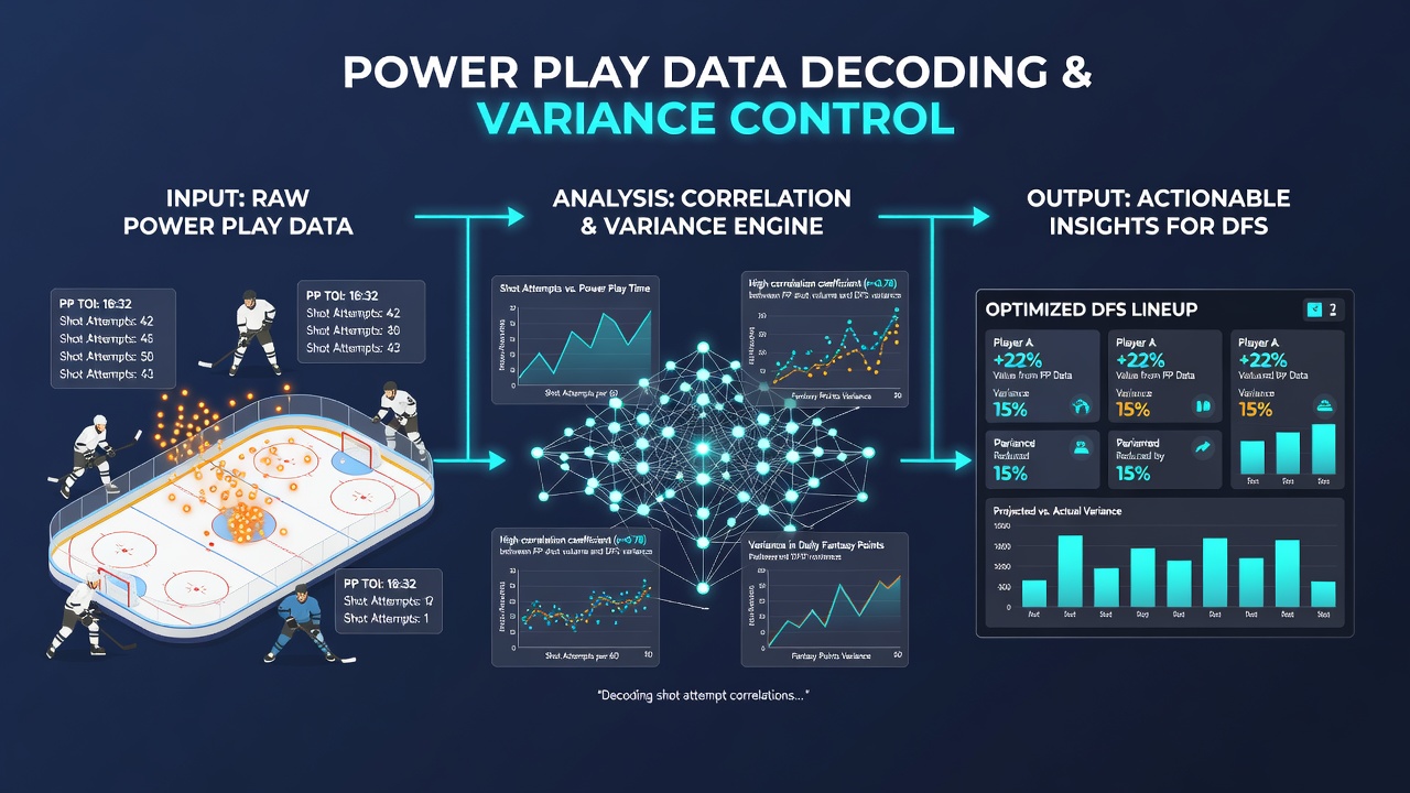 Data charts showing shot attempt correlations and fantasy hockey lineup variance metrics