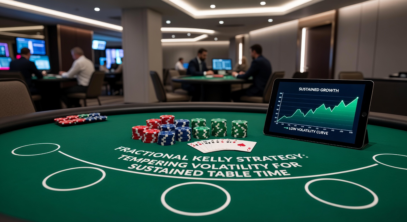 Simulation chart comparing full Kelly, half Kelly, and quarter Kelly bankroll paths over 100,000 blackjack hands, demonstrating fractional methods' lower volatility and sustained play duration