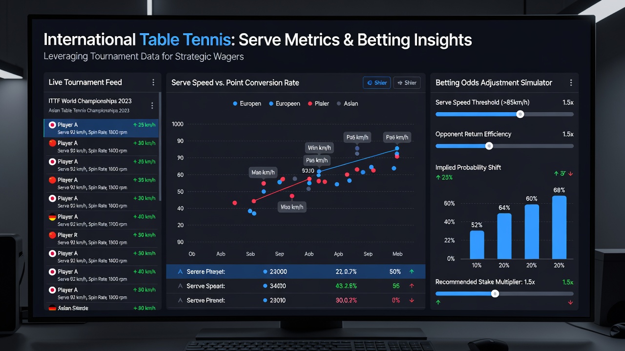 Close-up view of table tennis serve with speed metrics displayed from tournament tracking systems