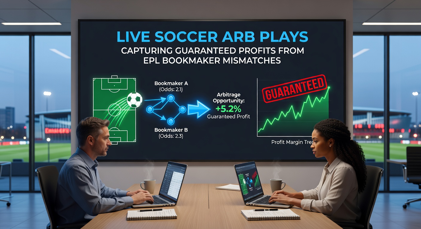 Screenshot of live EPL odds comparison tool highlighting an active arbitrage opportunity between two bookmakers during a match