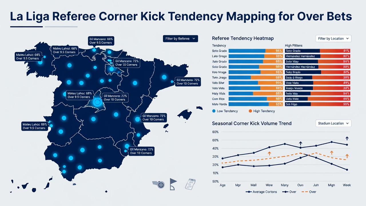 Data visualization chart showing La Liga referee corner kick averages plotted against over-bet success rates