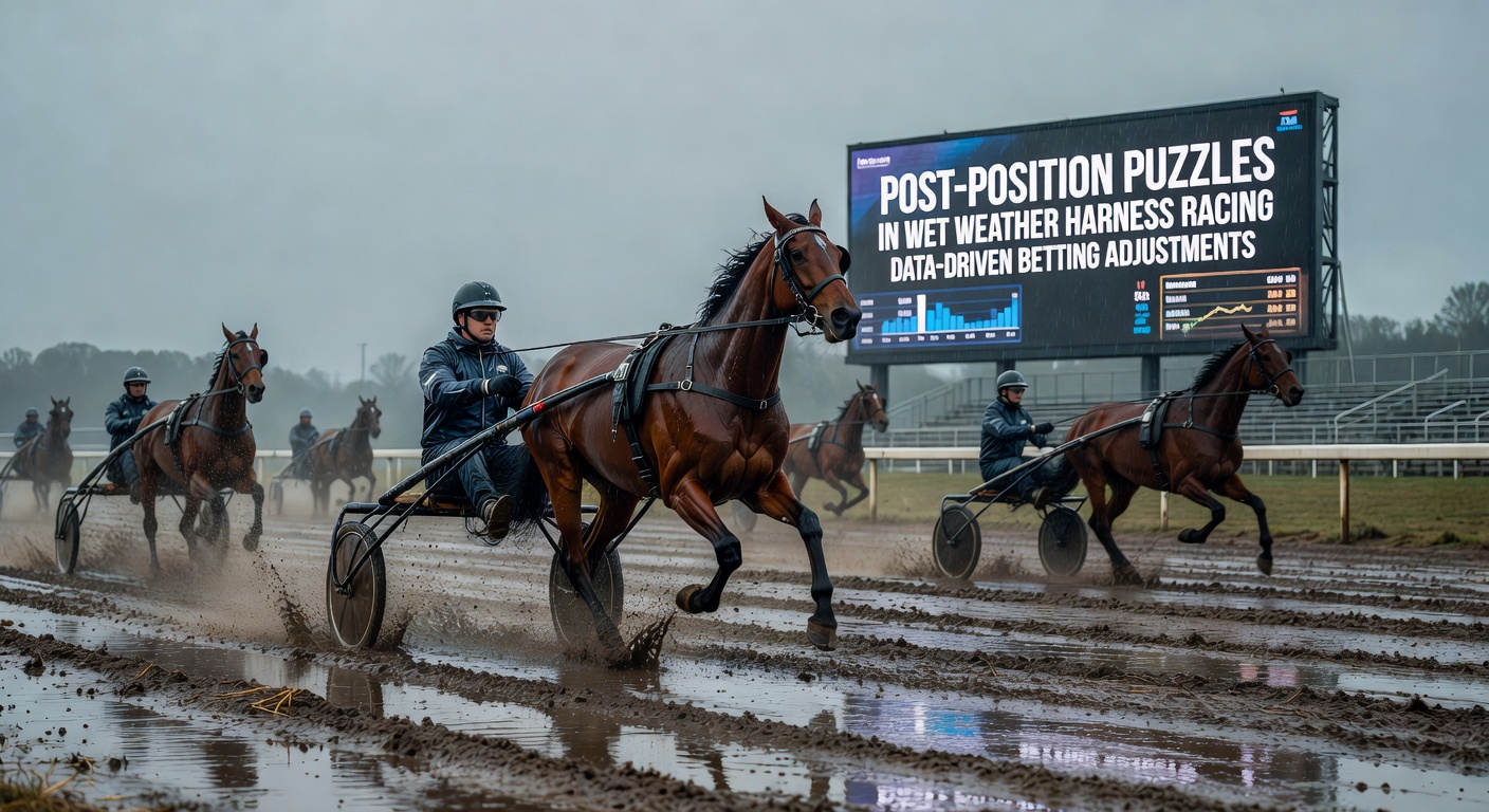 Close-up chart displaying win rate comparisons for post positions 1-10 in dry versus wet harness racing conditions, highlighting outer post surges