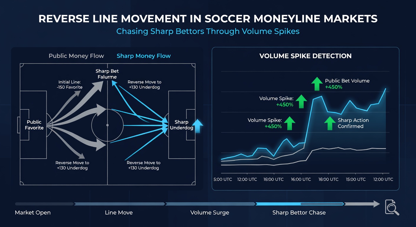 Graph depicting betting volume spikes coinciding with reverse line movement in a Champions League moneyline, highlighting sharp money influx