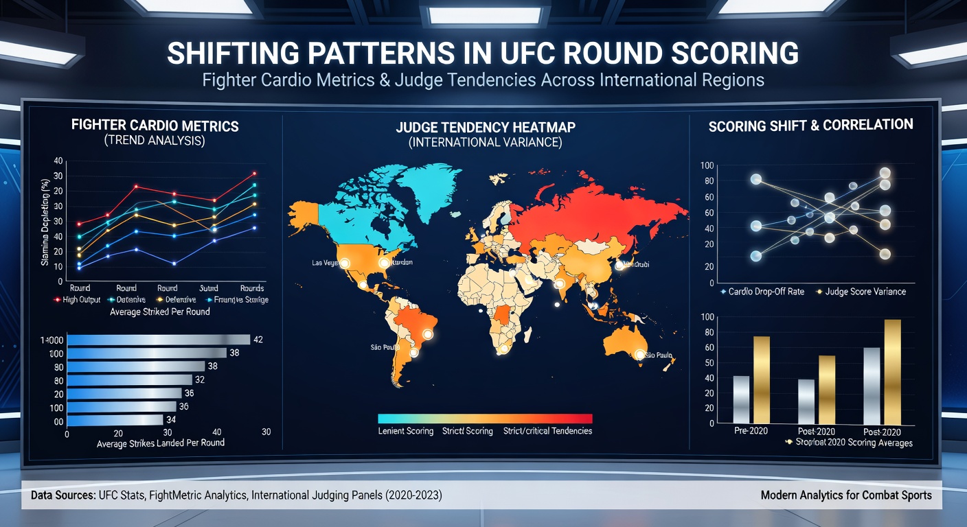 Judges reviewing scorecards at an international UFC event with multiple flags in background