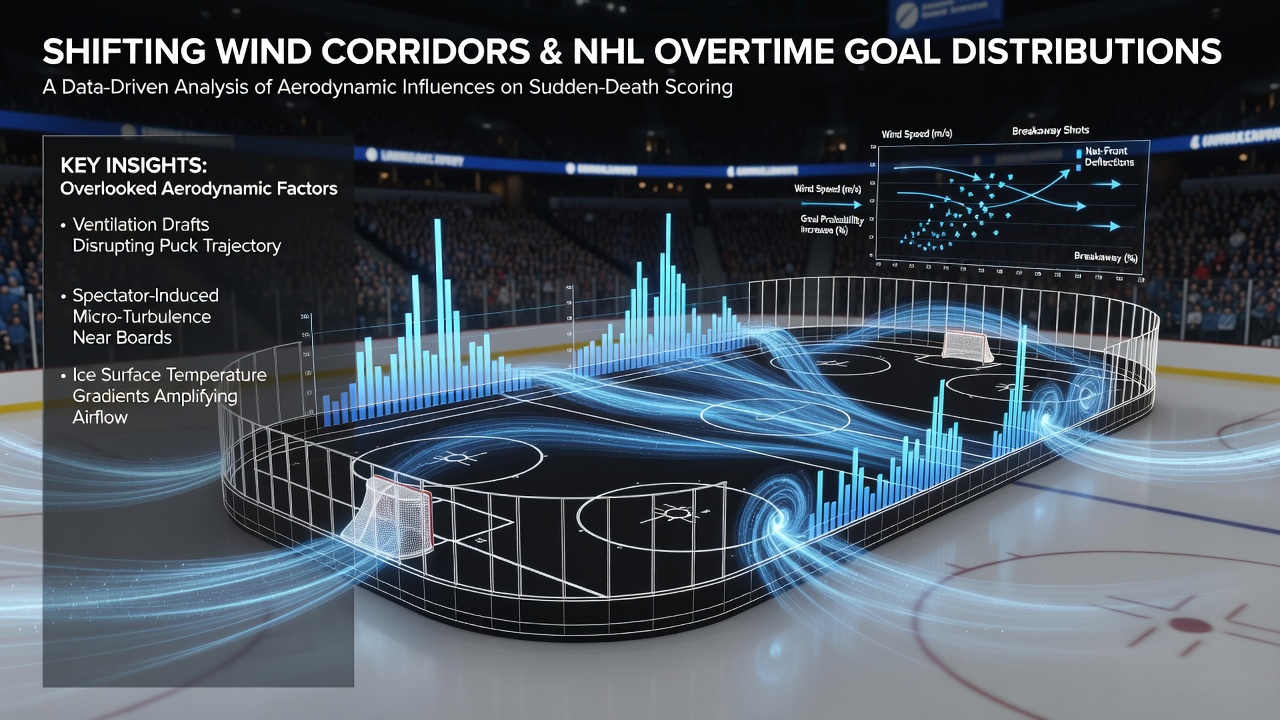 Chart displaying overtime goal frequency by wind corridor direction across NHL arenas from 2020-2026