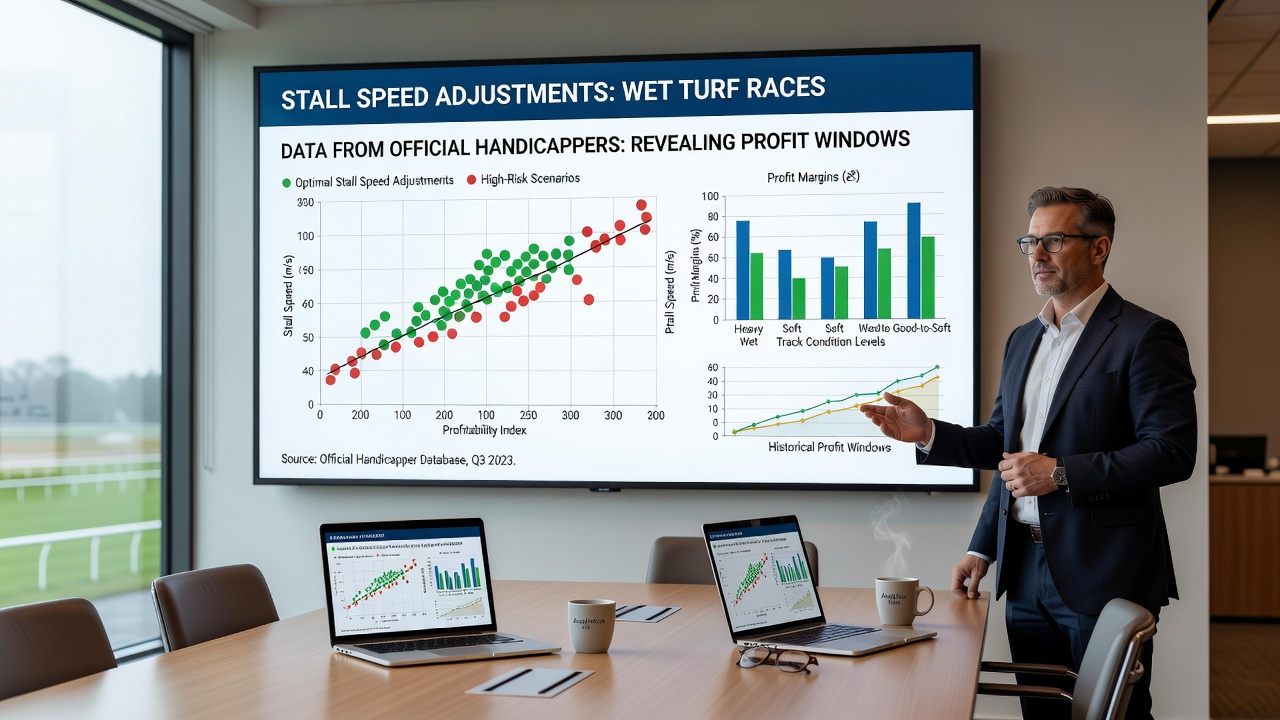 Close-up of turf racing handicapper charts showing stall speed data