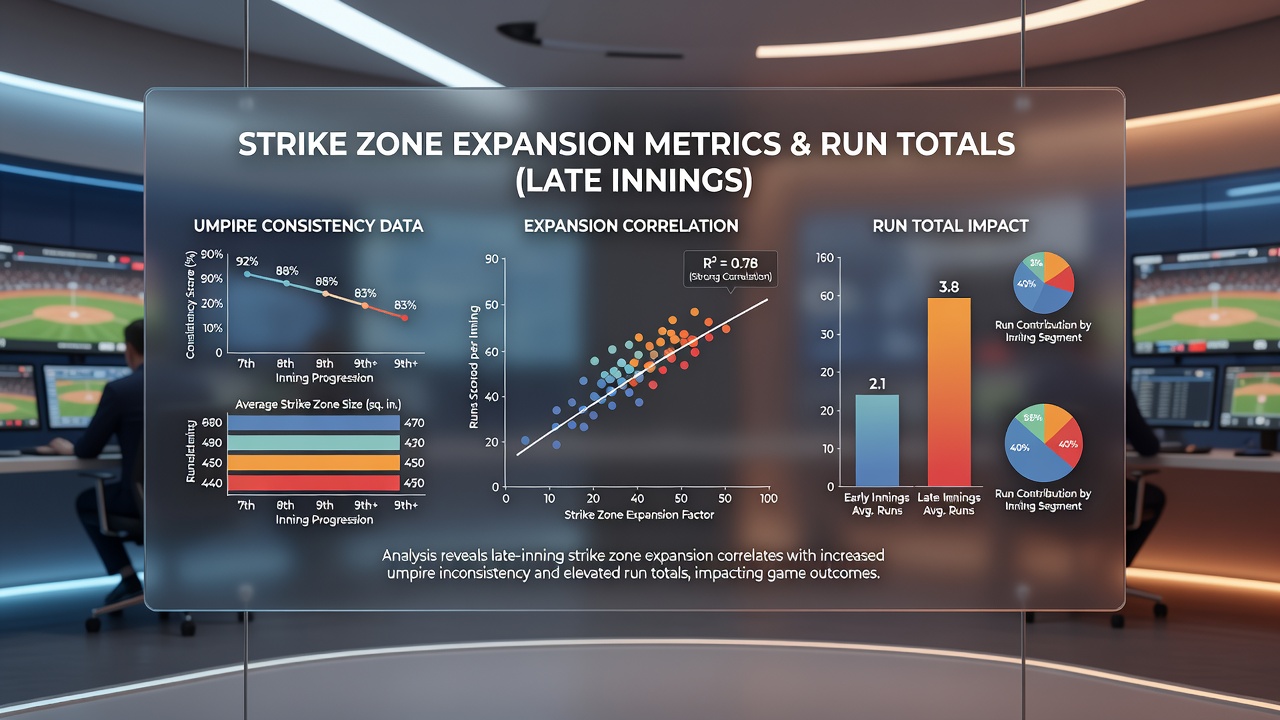 Graph displaying strike zone expansion trends correlated with umpire consistency scores and run total adjustments across multiple MLB innings