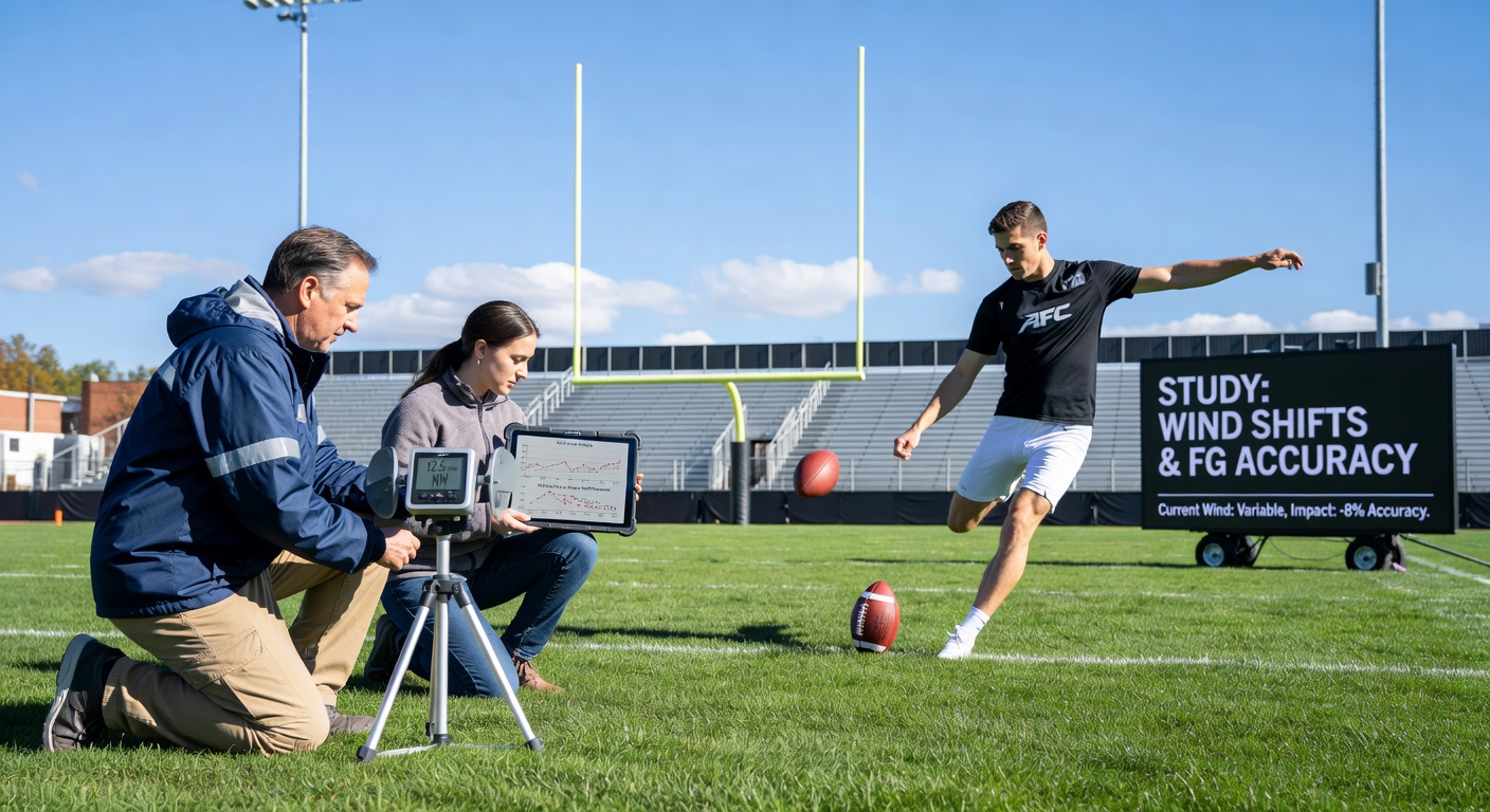 Close-up of a football in flight with overlaid wind vector arrows showing directional shifts during a field goal attempt