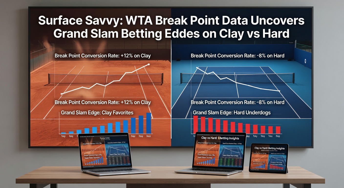 Line graph of WTA Grand Slam matches showing average breaks per set on clay versus hard, with clay peaking higher in later rounds