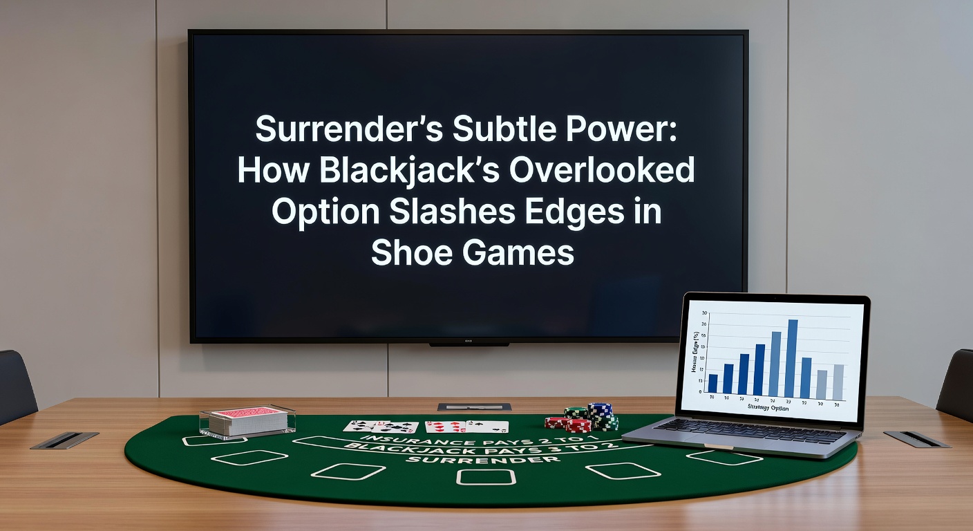 Illustration of a blackjack strategy chart highlighting surrender plays in red, surrounded by sample shoe deals and probability graphs