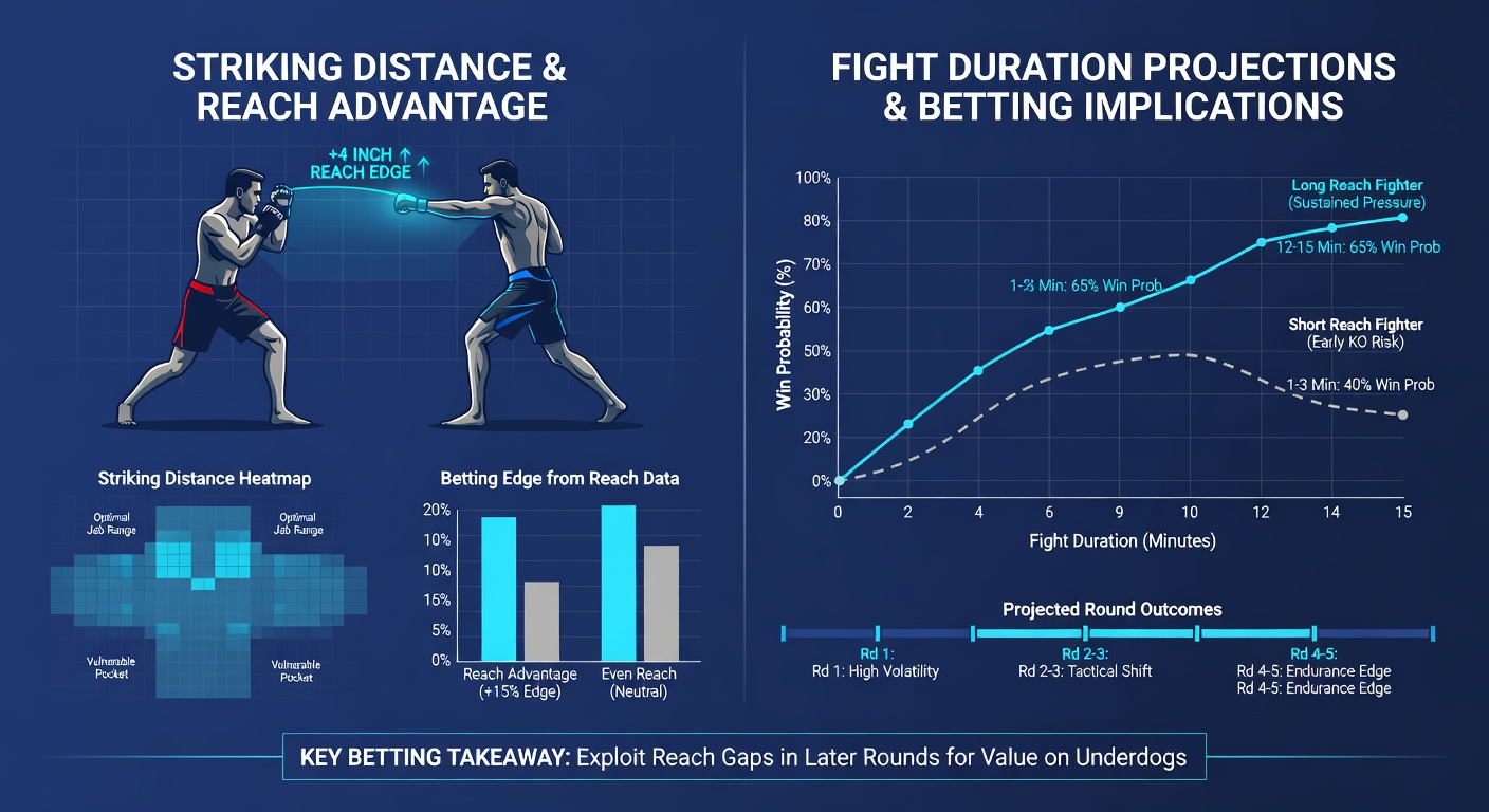 Line graph illustrating striking distance maintained by reach-advantaged vs disadvantaged fighters over five rounds, highlighting distance control trends