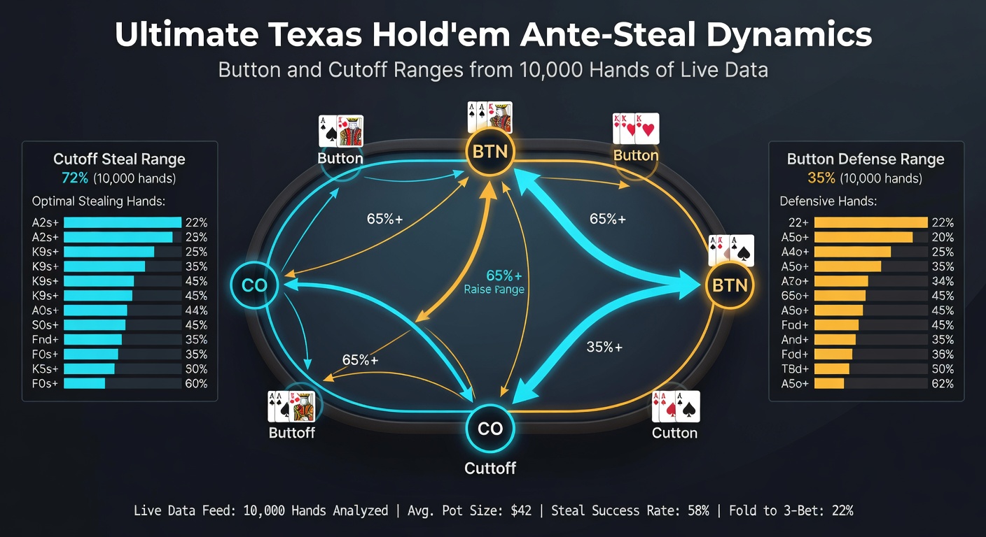 Comparative range chart for cutoff ante-steals versus button in Ultimate Texas Hold'em, based on live data frequencies