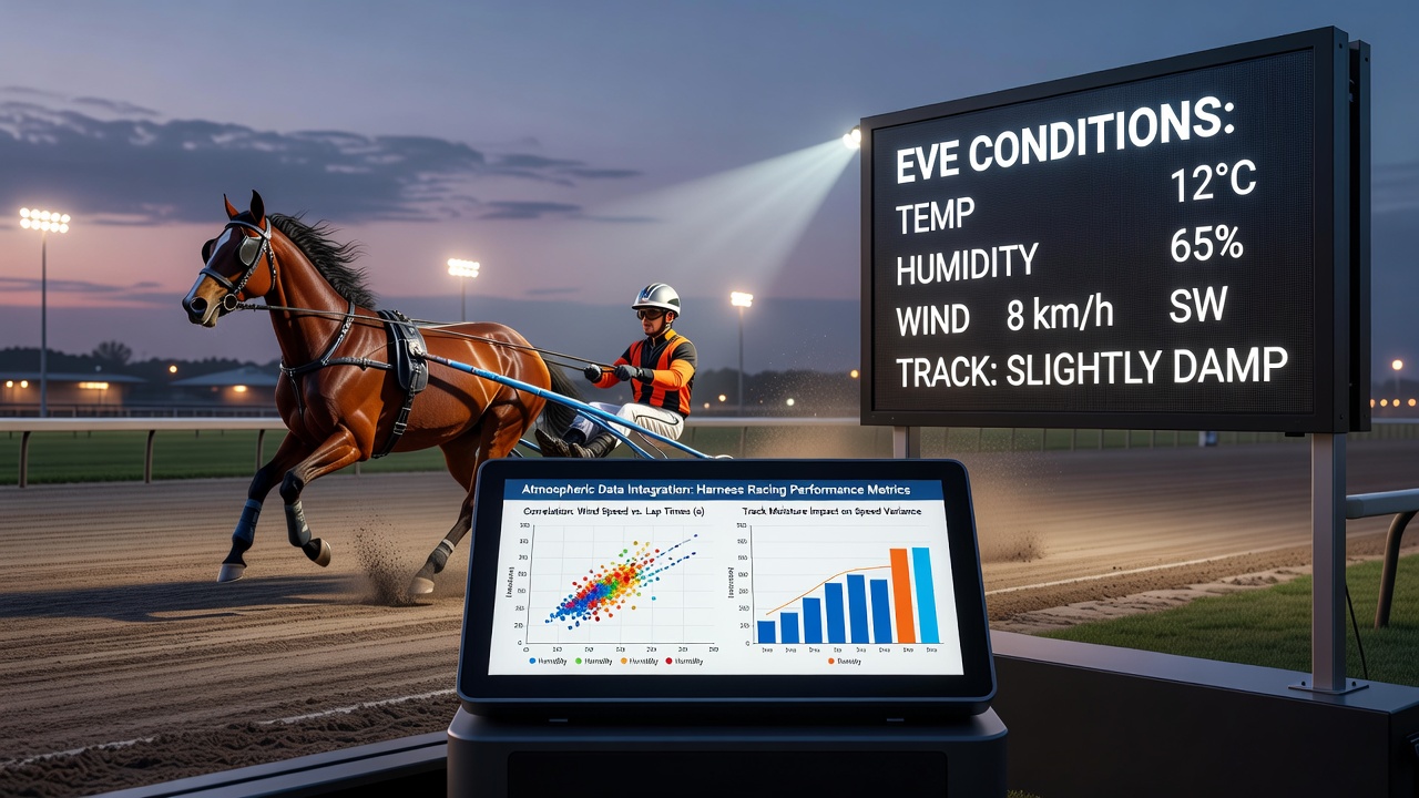 Close-up of harness racing action on a Midwestern oval track showing horses in motion under varying weather conditions
