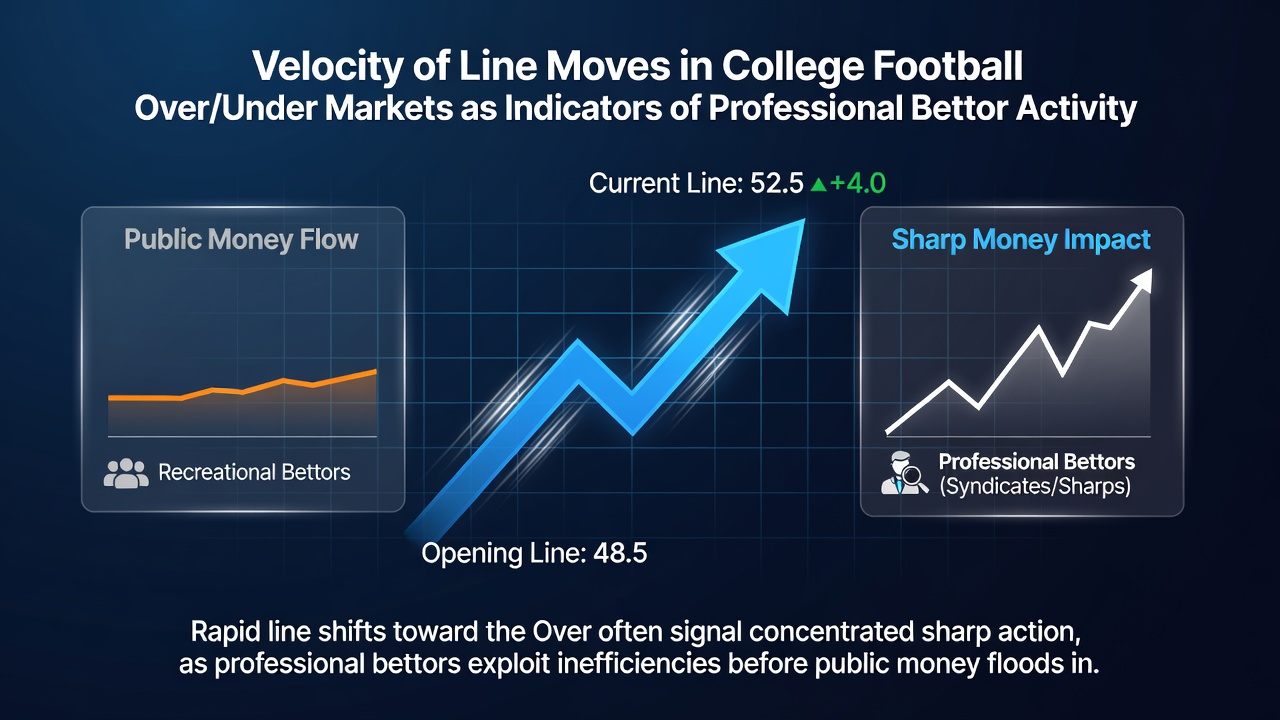 Data charts displaying line velocity trends and professional betting indicators in college football over/under markets